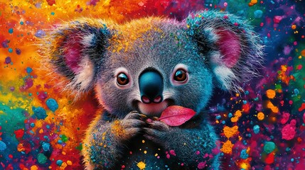 Canvas Print -  Koala holding a leaf in its mouth and licking its lips against a vibrant backdrop