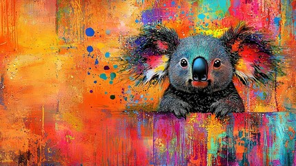 Wall Mural -  A colorful painting depicts a koala with paint splatches on its face and head, peeking out from behind a wall