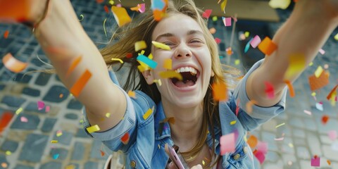 Wall Mural - A woman is throwing confetti and smiling. Concept of joy and celebration