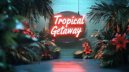 Tropical Getaway Neon Sign with Palm Trees and Flowers