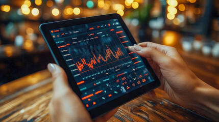 Poster - A person holding a tablet displaying stock market data in a rainy city