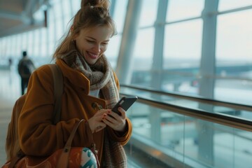 Poster - A woman is smiling and looking at her cell phone in an airport. She is wearing a brown coat and a scarf