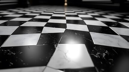 A close-up view of a black and white checkered floor with glossy tiles.