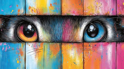 Canvas Print -   A colorful wooden panel with a painted cat's eye and splattered paint