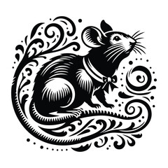 Wall Mural - rat with victorian flourish decoration, stencil logo, black and white animal illustration