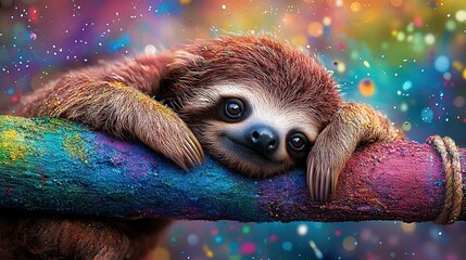 Canvas Print -   A painting of a sloth resting on a vibrant crayon