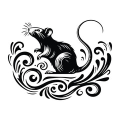 Wall Mural - rat with victorian flourish decoration, stencil logo, black and white animal illustration