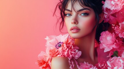 Wall Mural - A woman is wearing a pink dress and has flowers in her hair. The flowers are pink and white, and they are arranged in a way that makes her look like she is wearing a flower crown