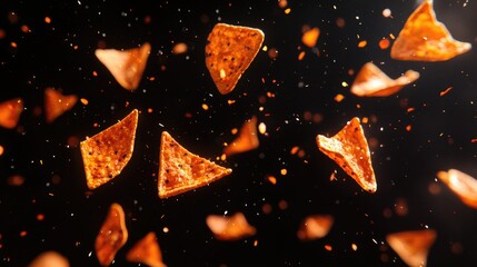 A close up of a pile of tortilla chips with a lot of red and orange chips. The chips are flying through the air, creating a sense of chaos and excitement