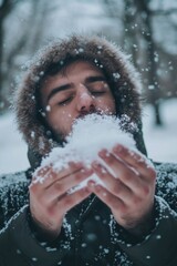 Wall Mural - A man is blowing snow out of his mouth while wearing a fur coat. Concept of playfulness and enjoyment of the winter season