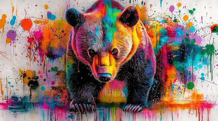 Wall Mural -   A multicolored bear is painted with splatters on its face, body, and head