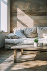 Wall Mural - A living room with a white couch and a wooden coffee table. A potted plant sits on the table