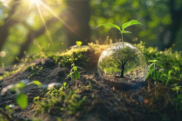 A tree is inside a glass sphere on a green hill. The sphere is surrounded by moss and plants