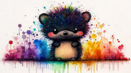 Wall Mural -   A vibrant portraiture of a porcupine adorned with vivid hues on its visage and physique, perched against a pristine backdrop