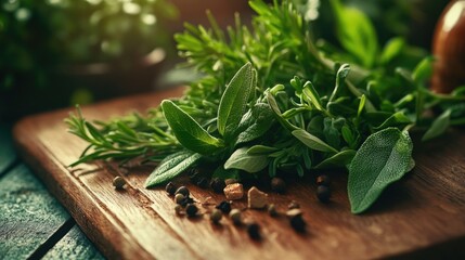 Wall Mural - A wooden cutting board with a variety of herbs and spices on it. The herbs include parsley, basil, and rosemary. The spices include black pepper, cumin, and paprika