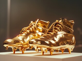 two golden football boots with gold laces. the boots are on a white pedestal