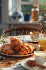 Wall Mural - A plate of croissants sits on a table with a cup of coffee and a vase of flowers