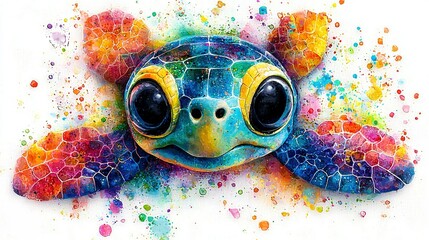 Wall Mural -   Watercolor sea turtle face with multicolored spots