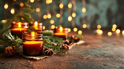 Poster - A table with candles and pinecones on it. The candles are lit and the pinecones are scattered around them. Scene is warm and cozy, perfect for a holiday gathering