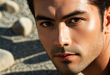 Close-up of a young man with flawless skin and intense eyes posing on a beach, representing summer relaxation and tranquility