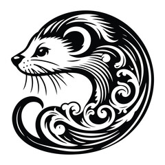 Wall Mural - Weasel with victorian flourish decoration, stencil logo, black and white animal illustration