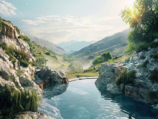 Wall Mural - A beautiful mountain landscape with a small stream running through it. The water is clear and calm, and the surrounding area is lush and green. The scene is peaceful and serene