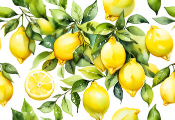 Sticker - Vibrant watercolor illustration of fresh lemons and green leaves, perfect for summer-themed designs, kitchen decor, and healthy living concepts