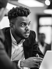 Wall Mural - A man with a beard and a suit is looking at a laptop. He is wearing a suit and tie