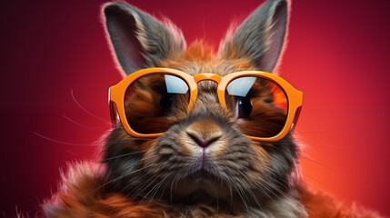 Cool bunny with sunglasses on colorful background.