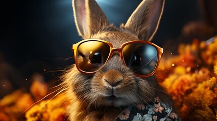 Cool bunny with sunglasses on colorful background.