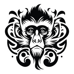 Colobus monkey with art nouveau decoration, stencil logo, black and white animal illustration