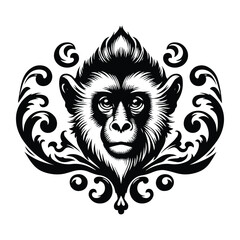 Wall Mural - Colobus monkey with victorian flourish decoration, stencil logo, black and white animal illustration