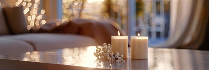 Wall Mural - Sophisticated White Candle Duo in a Serene Indoor Environment