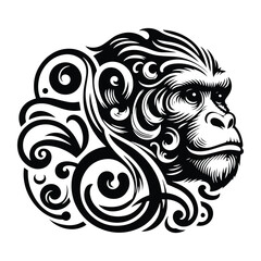 Wall Mural - galada monkey with victorian flourish decoration, stencil logo, black and white animal illustration