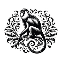 Wall Mural - galada monkey with victorian flourish decoration, stencil logo, black and white animal illustration