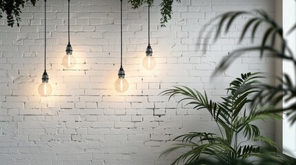 Wall Mural - Retro light bulbs in a loft interior with a white brick wall - concept idea