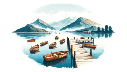 Wall Mural - Serene watercolor painting of a lake with rowboats and dock, capturing tranquility and escape into nature, ideal for summer holidays