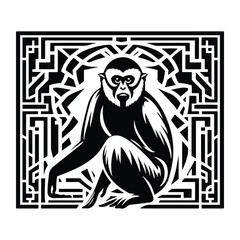 Wall Mural - Gibbon monkey with art deco decoration, stencil logo, black and white animal illustration