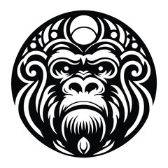 Wall Mural - gorilla monkey with art nouveau decoration, stencil logo, black and white animal illustration