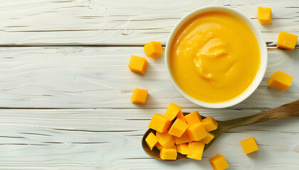 Bowl of tasty cheddar sauce and spoon with cheese cubes on light wooden table, top view, copy space for text