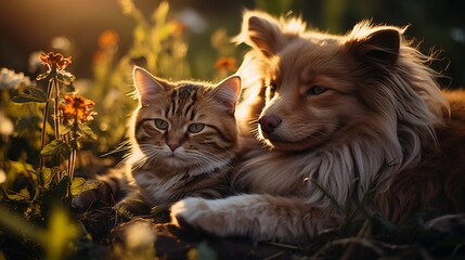 Cute dog and cat lying together on a green grass field nature in a spring sunny background