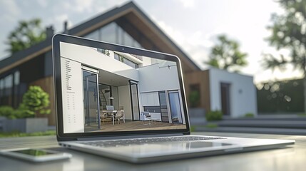 Modern House Design on Laptop Screen with Blurred Background of Real Home