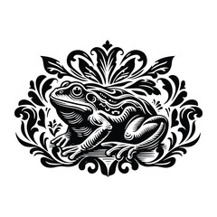 Bullfrog with victorian flourish decoration, stencil logo, black and white animal illustration