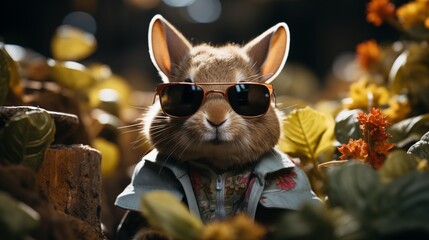 Easter bunny rabbit in cool sunglasses wit colorful easter eggs .Easter egg hunt concept. bunny easter with sunglasses and eggs in hipster style. Cool Easter bunny wearing sunglasses