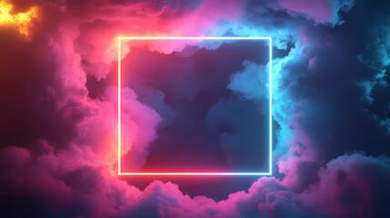 Wall Mural - 3d render, abstract minimal background with pink blue yellow neon light square frame with copy space