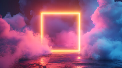 Wall Mural - 3d render, abstract minimal background with pink blue yellow neon light square frame with copy space