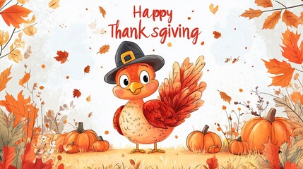 thanksgiving text poster with cartoon turkey