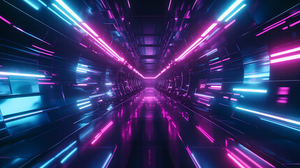 Poster - Abstract flying in futuristic corridor background, fluorescent ultraviolet light, mirror lines laser neon lines, geometric endless tunnel, 3d illustration, blue pink spectrum. Neon. Illustration