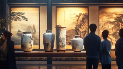 People admiring ancient Chinese pottery in an art gallery