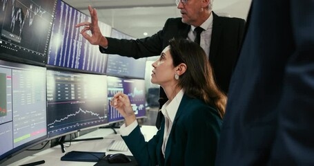 Aufkleber - Group, people and computer by talking for stock market, trading plan and financial growth of profit. Staff, meeting and digital for cryptocurrency with investment graph, teamwork and stats increase